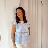 Linen ruffled top blue