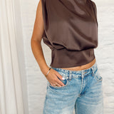 Cropped satin blouse 3975 BROWN