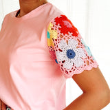 Broderie sleeve T-shirt Pink