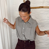 Brown cropped check-blouse 9374