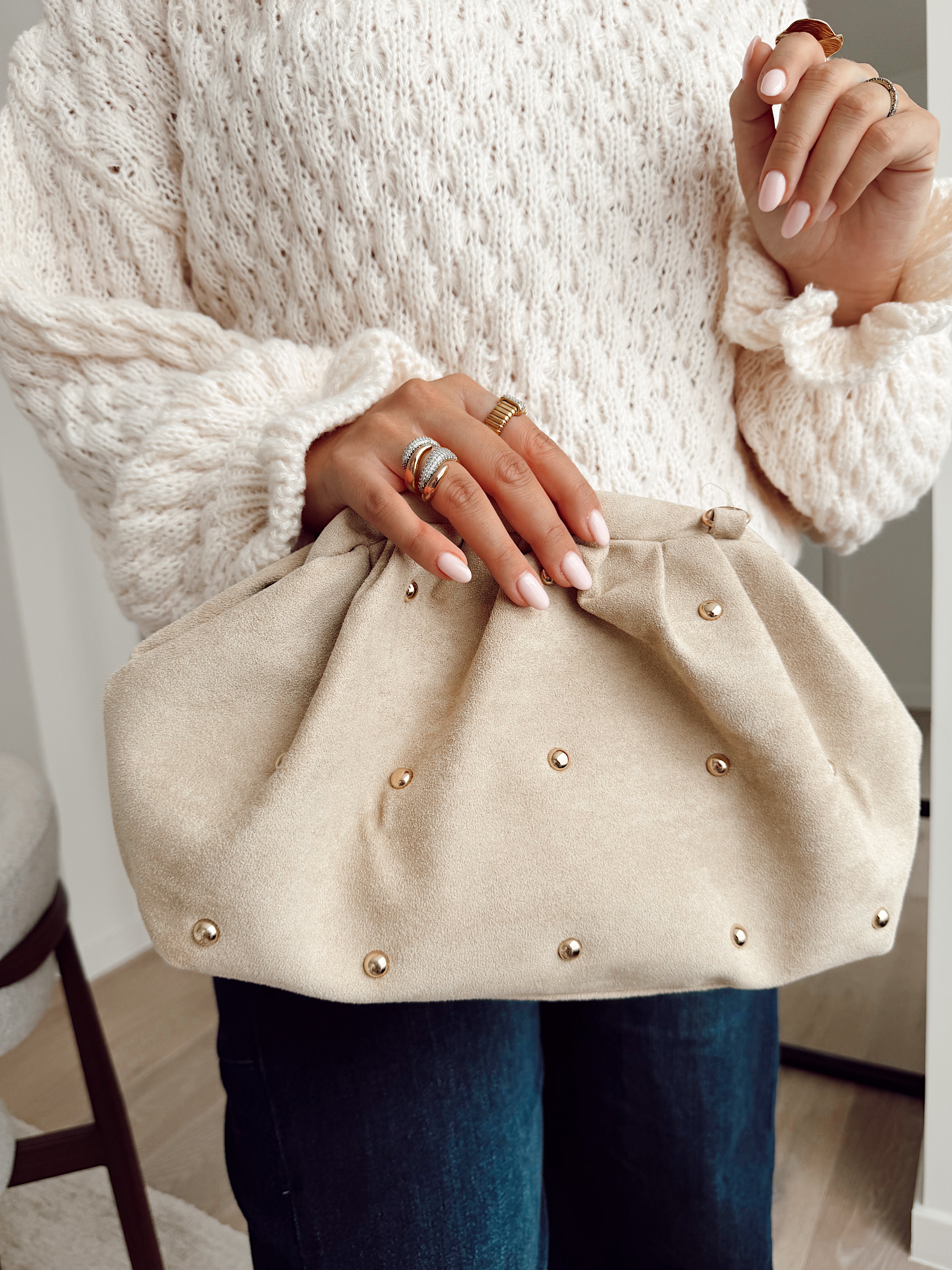 Studded mini suede bag beige pc3004
